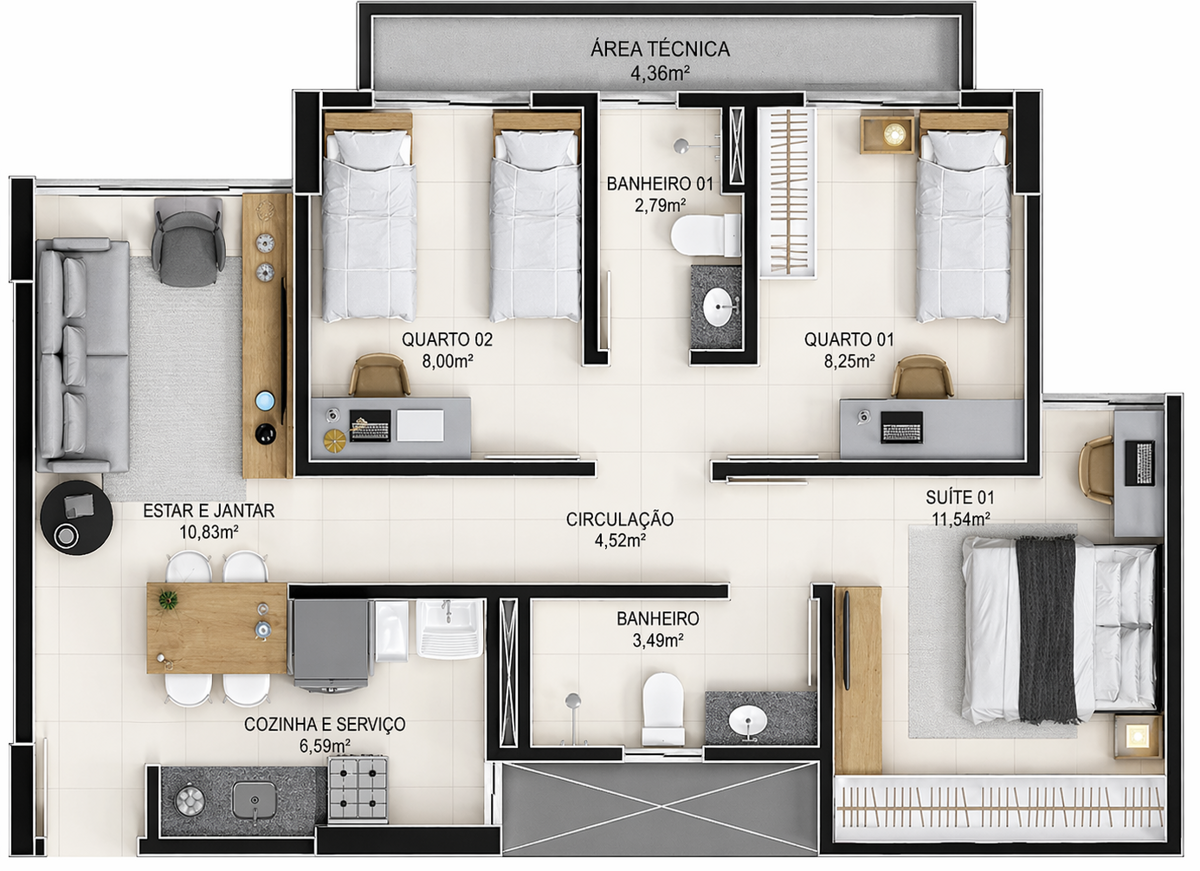 Planta do apartamento de 71,08m² opção 1