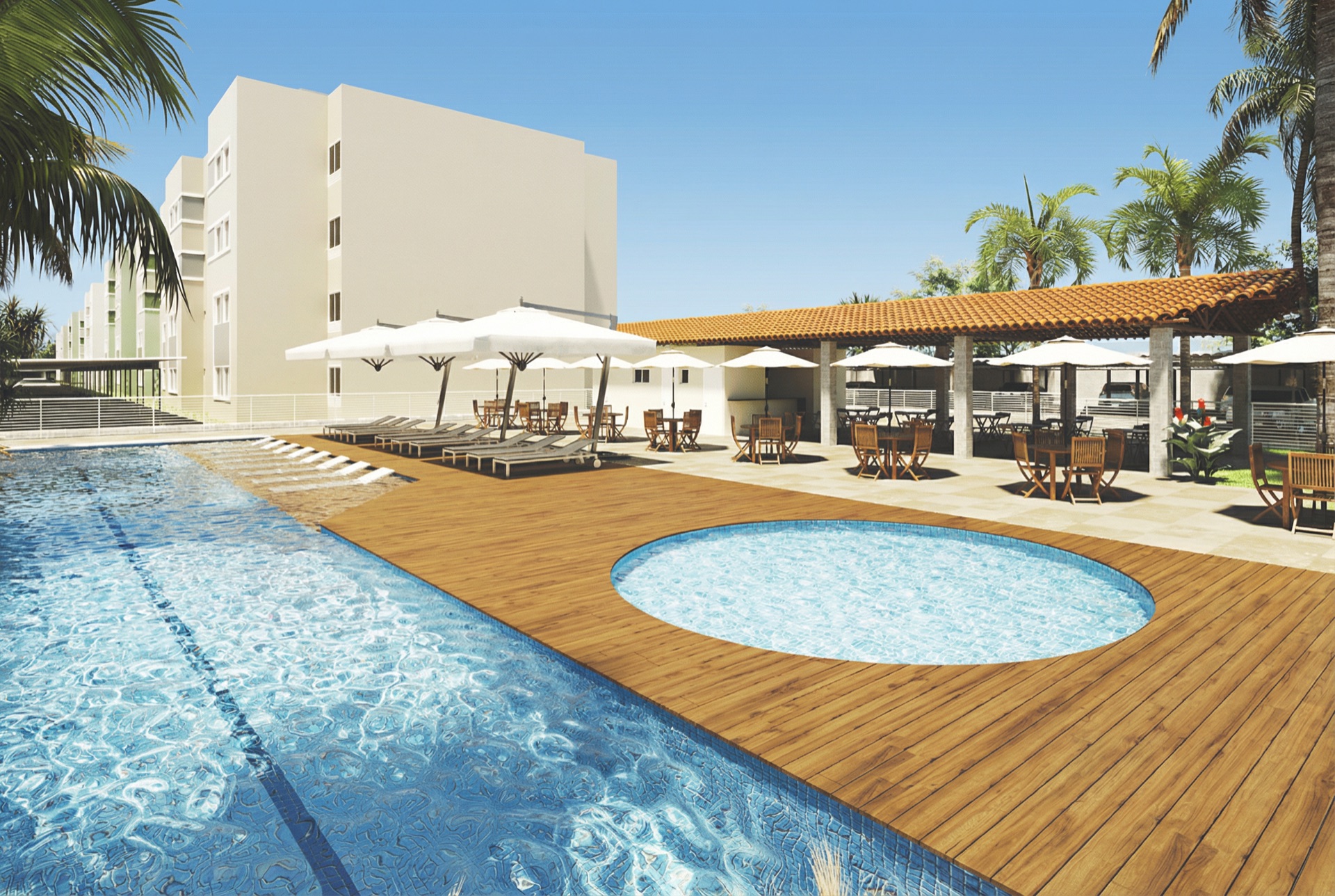 Área de lazer do condomínio Jardins Leste II com piscina e deck