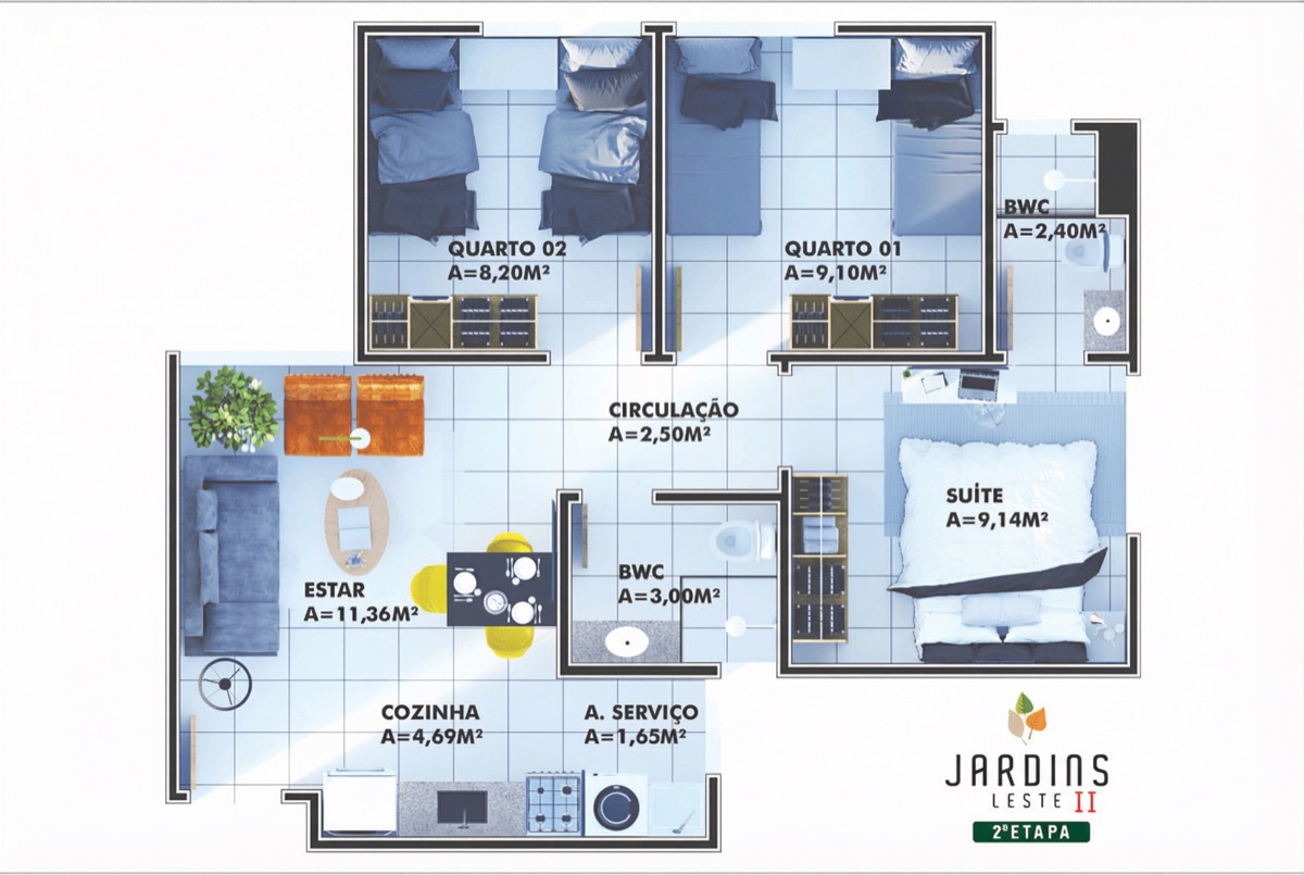 Planta baixa do apartamento 59m² com 3 quartos, suíte, sala, cozinha e área de serviço